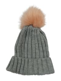 Šedo-růžová žebrovaná čepice s bambulí Primark 