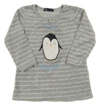 Šedo-bílé pruhované sametové pyžamové triko s tučňákem