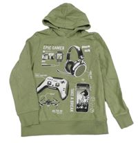 Khaki mikina s ovladačem a sluchátky a kapucí C&A