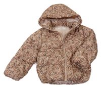 Růžovo-šedá květovaná šusťáková zateplená bunda s kapucí H&M