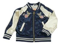 Tmavomodro-smetanová saténová podšitá bunda s kytičkami H&M