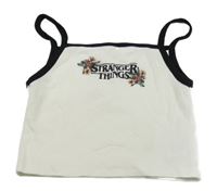 Bílo-černý crop top s nápisem Stranger things a květinami H&M