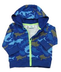 Modrá propínací mikina se žraloky a kapucí Topomini