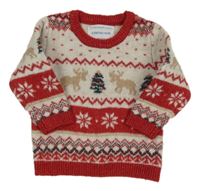 Červeno-béžový vzorovaný svetr s jeleny Primark