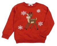 Červený svetr se srnkou a vločkami Primark