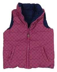 Růžovo-tmavomodrá vzorovaná šusťáková zateplená oboustranná vesta 