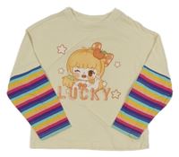 Světlebéžové triko s holčičkou a pruhovanými rukávy 