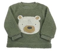 Khaki huňatá podšitá mikina s medvědem 