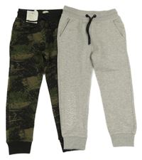 Nové - 2x tepláky - khaki-zeleno-černé vzorované + šedé melírované s nápisem F&F