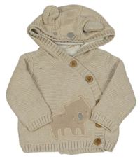 Béžový propínací podšitý svetr s medvědem a kapucí Mothercare
