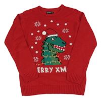 Červený svetr s dinosaurem a vločkami 