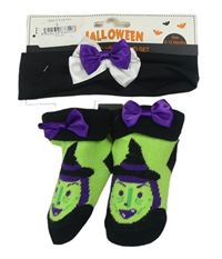 2set - Zeleno-černé halloweenské ponožky + čelenka s mačlí