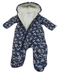 Tmavomodrá šusťáková prošívaná zimní bunda s kytičkami a kapucí Primark