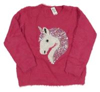 Růžový chlupatý svetr s jednorožem a flitry C&A