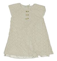 Smetanové plátěné děrované šaty s květy 