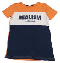 Oranžovo-tmavomodro-bílé tričko s nápisem Chapter young