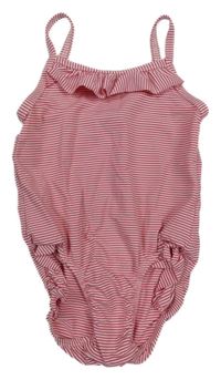 Růžovo-bílé pruhované jednodílné plavky s volánky Petit Bateau