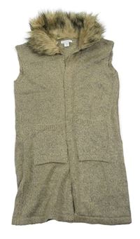 Béžovo-šedá melírovaná propínací svetrová vesta/cardigan s kožešinovým límcem PRIMARK