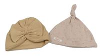 2x - Čepice - Béžová žebrovaná turbanová s mašlí RIVER ISLAND, pudrová se srdíčky George