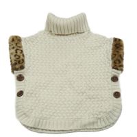 Bílá vzorované svetrové pončo s hnědou kožešinou a rolákem ASPEN KIDS