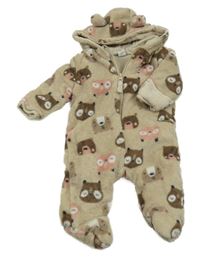 Béžová plyšová zateplená kombinéza se zvířátky a kapucí s oušky Topomini