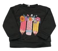 Černá teplá mikina s pastelkami a květy 