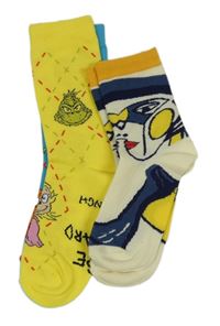 2x - Ponožky s obrázkem - Žluto-modré, smetanovo/oranžové 