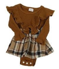 Hnědé žebrované body s mašlí a volánky a kostkovanou vzorovanou sukní