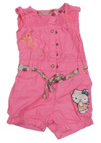 Křiklavě růžový plátěný kraťasový overal s Kitty a volánky a páskem C&A