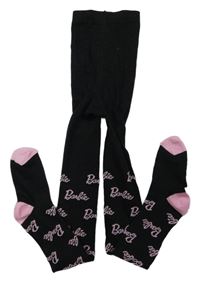 Černo-světlerůžové punčocháče s logy Barbie a třpytkami PRIMARK