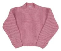 Růžový melírovaný žebrovaný pletený oversize crop svetr 