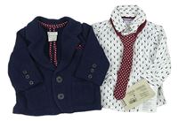 3set- Tmavomodré teplákové sako + Bílá košile s losy + červená puntíkovaná kravata Mamas&Papas