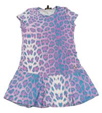 Levandulovo-bílo-modrozelené lehké šaty s leopardím vzorem Roberto Cavalli