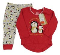 Nové - Červeno-světlešedé pyžamo s tučňáky Primark