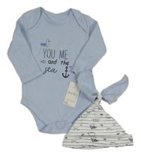 Nové - 3set - Světlemodré body s nápisem a rackem + rukavičky + bílo-modrá pruhovaná bavlněná čepice s mořskými zvířaty Matalan