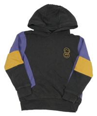 Antracitovo-fialovo-okrová mikina se smajlíky a kapucí Next