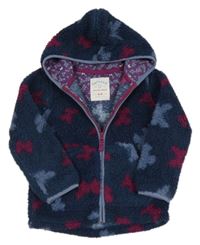 Tmavomodrá huňatá propínací mikina s motýly a kapucí Fat Face