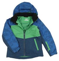 Modro-zeleno-tmavomodrá šusťáková lyžařská funkční bunda s army vzorem a kapucí Crane
