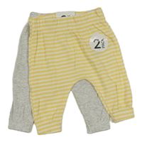 Nové - 2x žebrované lehké tepláky - žluto-bílé pruhované + světlešedé melírované s nášivkou