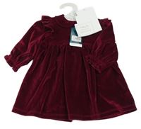 Nové - Vínové sametové šaty s límečkem a volánky Tu