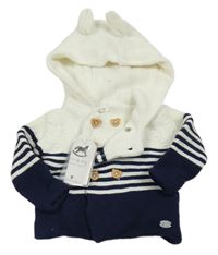 Nové - Smetanovo-tmavomodrý propínací svetr s pruhy a kapucí