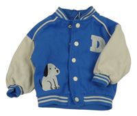 Modro-šedá flaušová podšitá baseballová bunda se psem a písmenem Sinsay