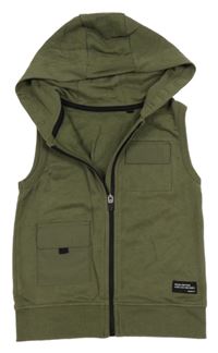 Khaki tepláková propínací vesta s kapsami a kapucí George