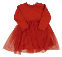 Červené bavlněno/tylové šaty s třpytkami H&M