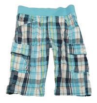 Azurovo-bílo-tmavomodré kostkované plátěné cargo kraťasy s úpletovým pasem Topolino