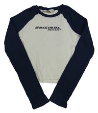 Bílo-tmavomodré žebrované crop triko s nápisem H&M