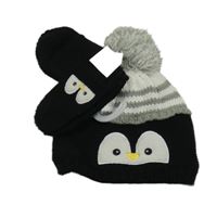 Nové - 2 set - černo-šedá pletená čepice s tučňákem a bambulí + rukavice F&F