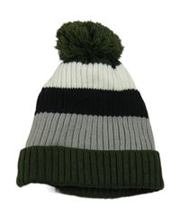 Khaki-šedo-černá pruhovaná pletená zateplená čepice s bambulí 