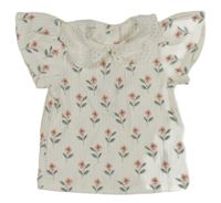 Bílé žebrované tričko s květinami a límečkem Next