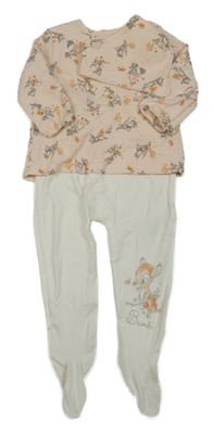 Nové - 2 set - bílý overal s našitým meruňkovým trikem s Bambim + slinták Primark